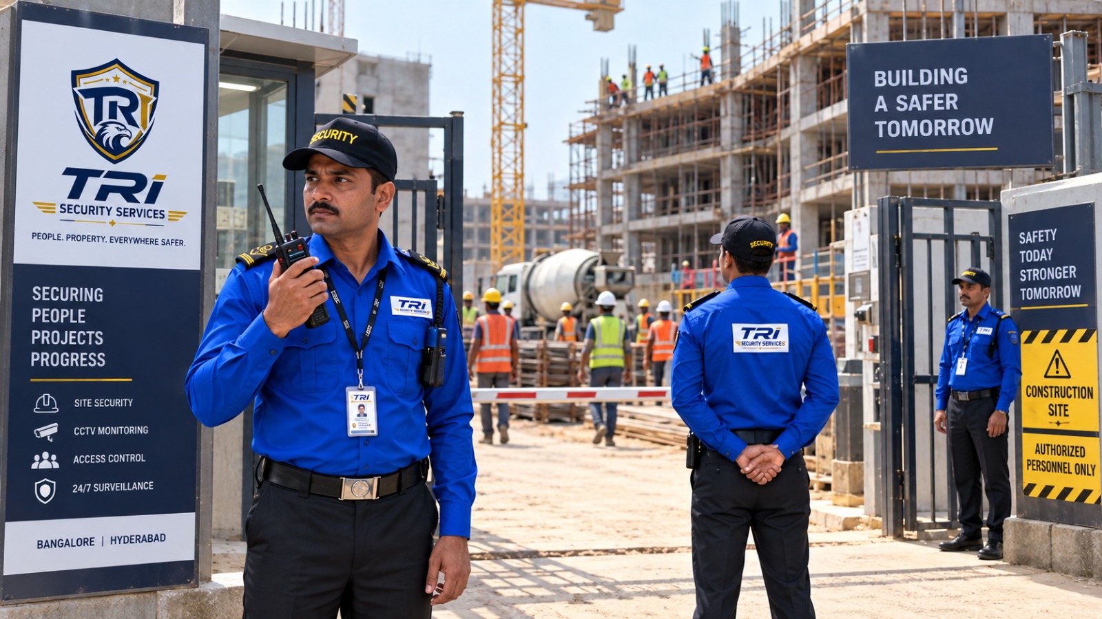 Construction site security guard in blue uniform